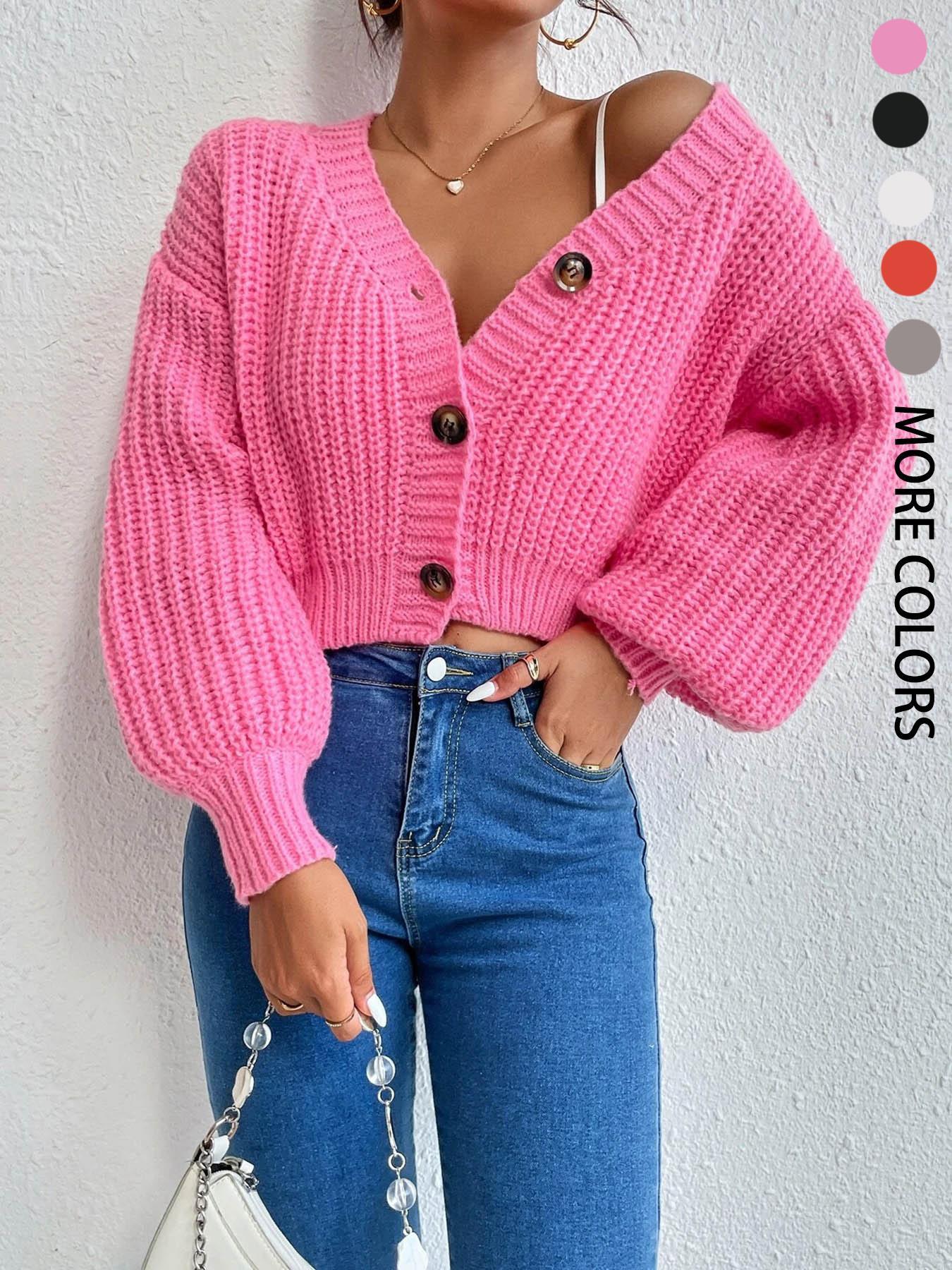 Women's Plain Bishop Sleeve Button Front Cardigan, Casual Long Sleeve V Neck Basic Knitwear for Fall & Winter, Fashion Women's Knit Clothing for Daily Wear