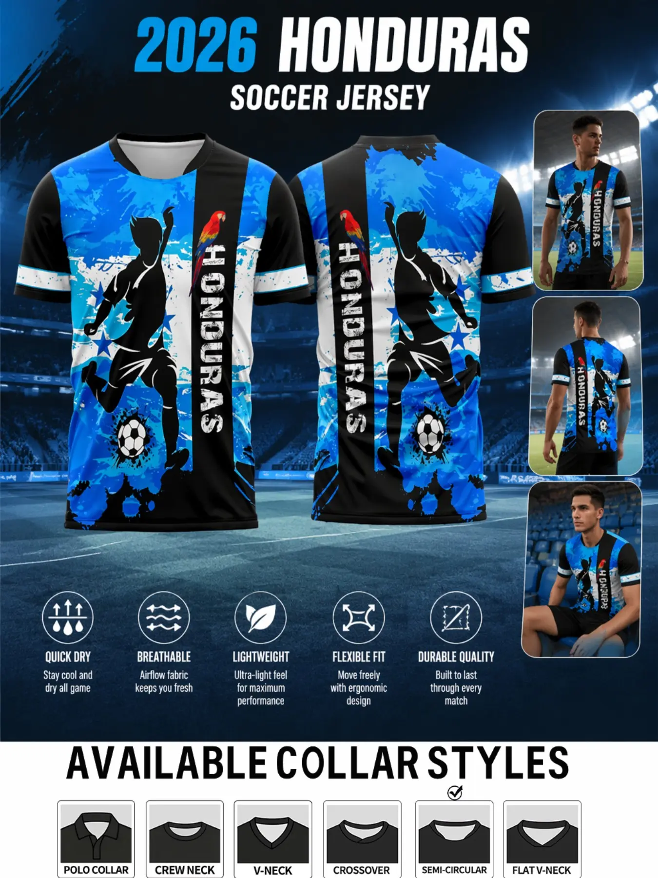 2026 Honduras Short Sleeve Sport Jersey, Fitted Match Day Apparel, Colorblock Sleeves, Ideal for Sports Events and Outdoor Activities