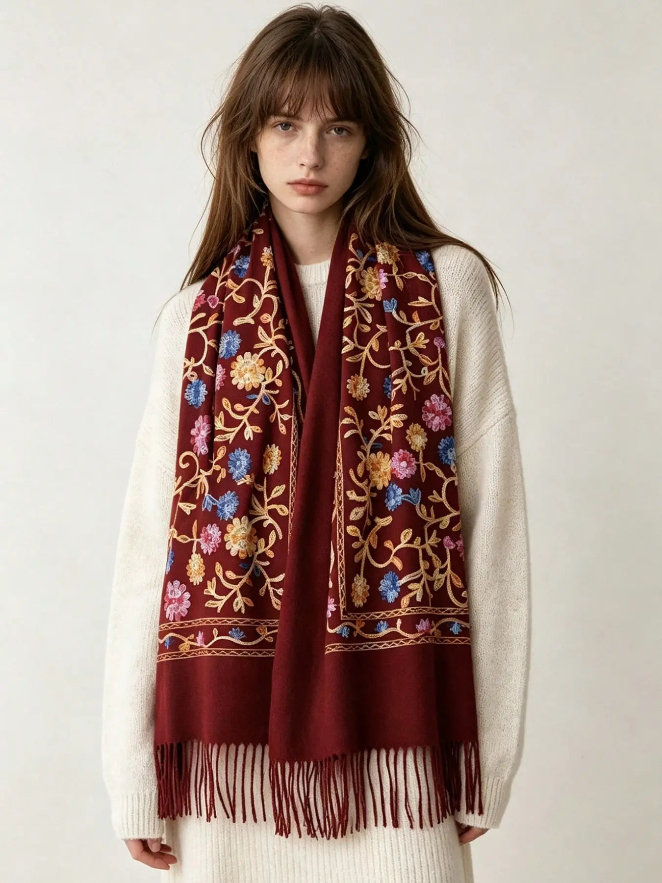 Vintage Floral Embroidered Scarf, Thick Warm Shawl, Luxury Gift for Mom and Elders, Heavy Embroidery Imitation Cashmere Wrap