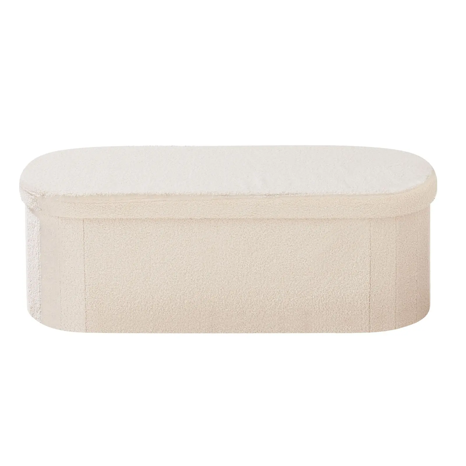 Oval Storage Ottoman Bench, Foldable Teddy Fleece End of Bed Bench, Folding Upholstered Bed Ottoman Chest with Large Storage Space, Supports 660 lbs, for Living Room, Bedroom, Entryway, Beige