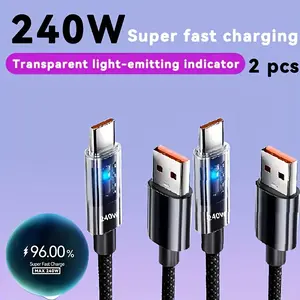 2pcs 240w Fast Charging Data Cable, Transparent USB to Type-C, Compatible with Huawei, Apple, Xiaomi, Samsung, Braided Design