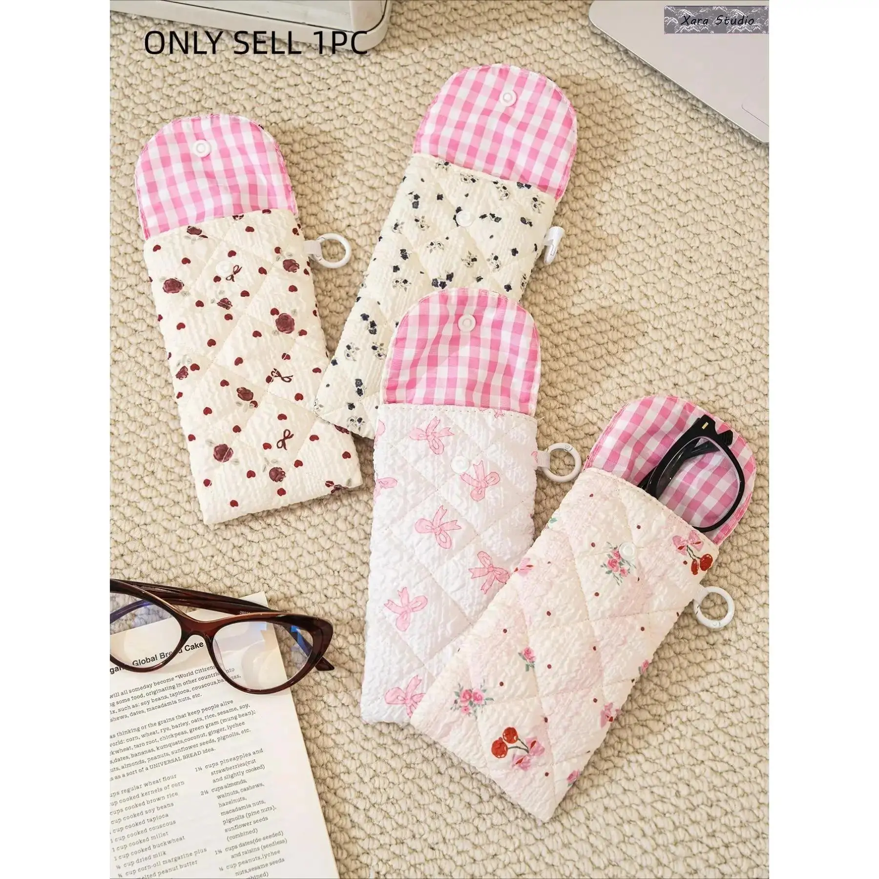 Women’s Quilted Glasses Case, Floral Bow Print Soft Eyeglass Pouch with Secure Closure, Lightweight Sunglasses Holder for Travel, Reading Glasses & Prescription Eyewear