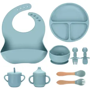9-Pc Silicone Baby Feeding Set with Feeding Accessories - Spill-Proof Suction Plate, Bowl, Bib, Silicone Utensils, Wooden Utensils, Straw Training Cup, Sippy Cup (Blue)