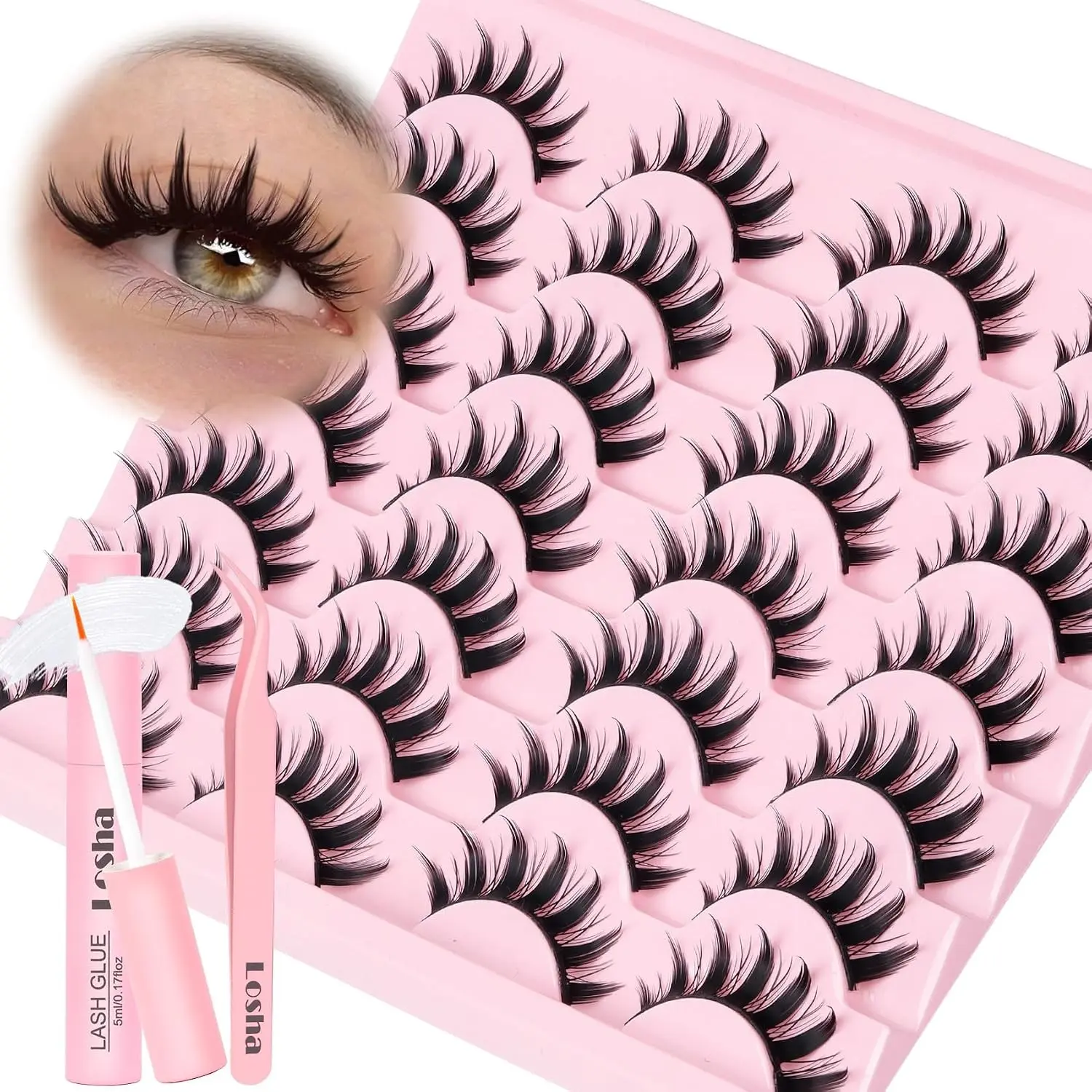 Spiky Manga Lashes 14 Pairs Anime False Eyelashes 8D Wispy Eye Lashes Kit with Lash Glue and Lash Tweezers Natural Soft Fake Eyelashes (Cutes)Gift