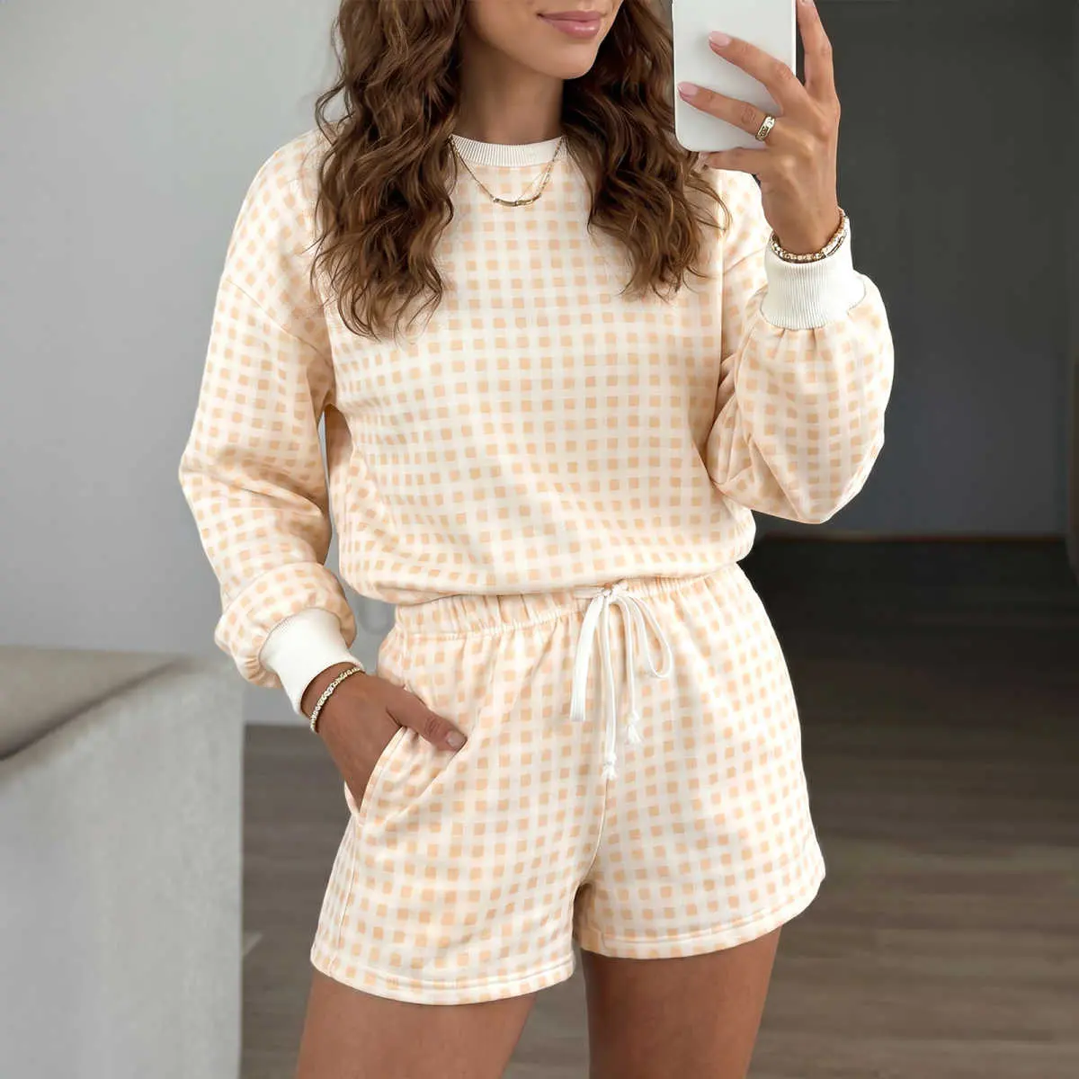 Yellow Plaid Baggy Pullover Drawstring Casual Shorts 2pcs Outfit