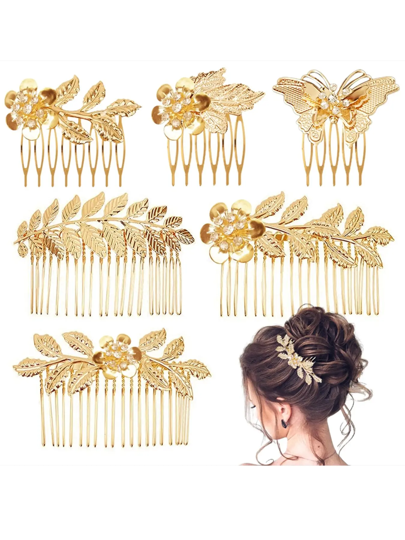 Vintage Floral Butterfly Rhinestone Hair Comb Set, Metal Leaf Flower Side Hair Comb, Bridal Wedding Party Hair Style Accessory, Bridal Hair Accessories