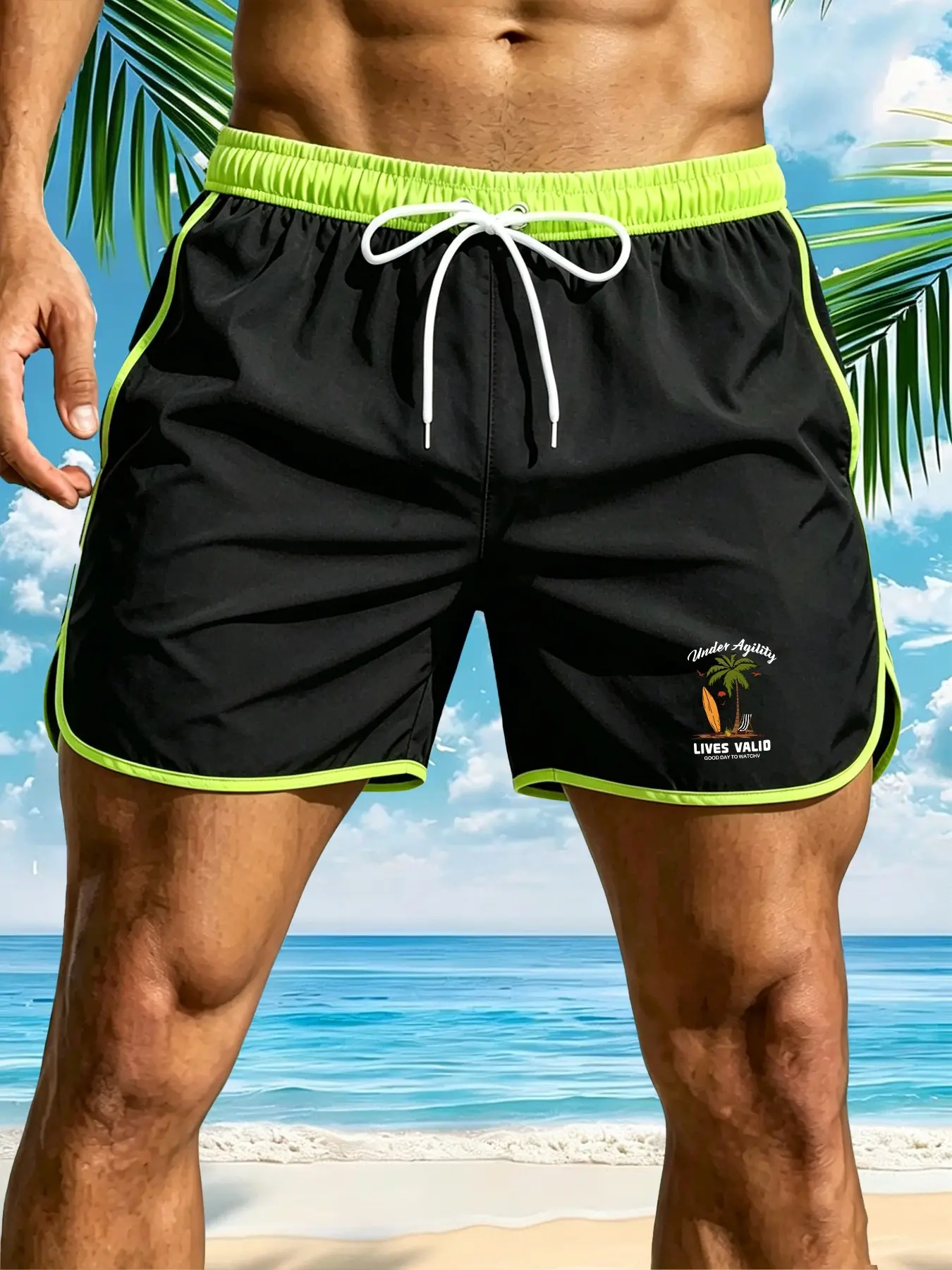 Men's Surf Shorts, American Surf Style, High Elastic Waist Drawstring, Quick-Dry Three-Quarter Shorts, Cartoon Print, Beach Outing, Beach Trunks