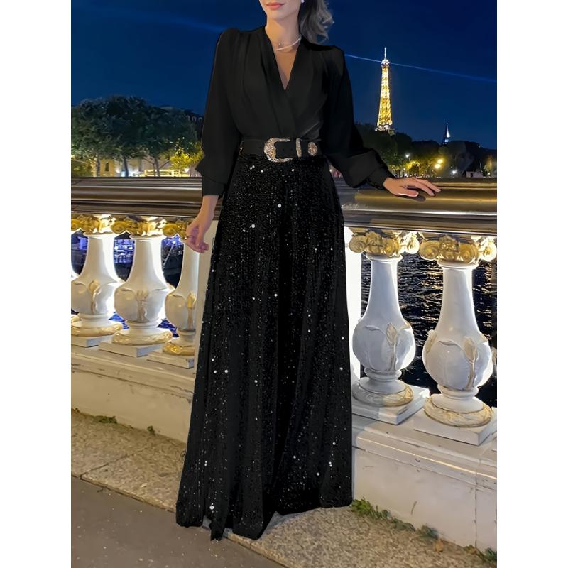 [Glamorous Emerald Dress] Elegant Emerald Green Sequined V-Neck Maxi Dress - A-Line Evening Gown for Women, Polyester Spandex Blend, Long Sleeve, Perfect for Spring & Fall, Glamorous Parisian Style, Fall Clothing | Aline Silhouette