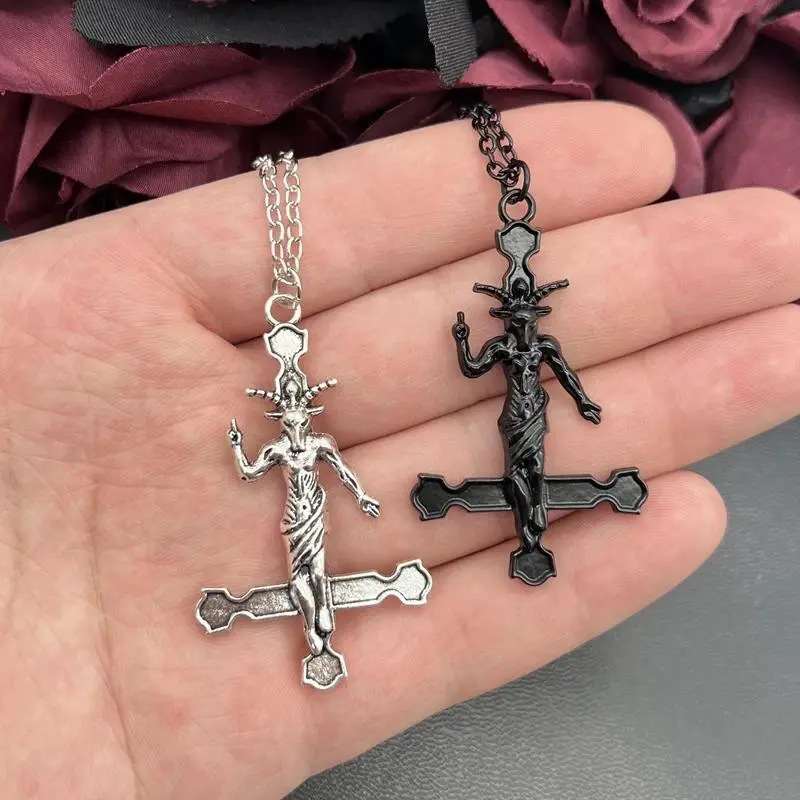 Gothic Baphomet Pendant Necklace with Satanic Inverted Cross Charm, Handmade Spooky Jewelry, 50cm Chain, Gothic Necklaces, Cross Pendant Necklaces