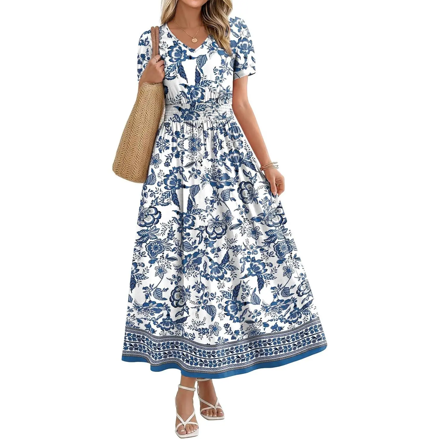 Women's Boho A-Line Smocked Waist Dress - V-Neck, Casual Wear, Lady's Spring Summer Midi Maxi Dress for Beach Outings, Bohemian, Beachwear Dress