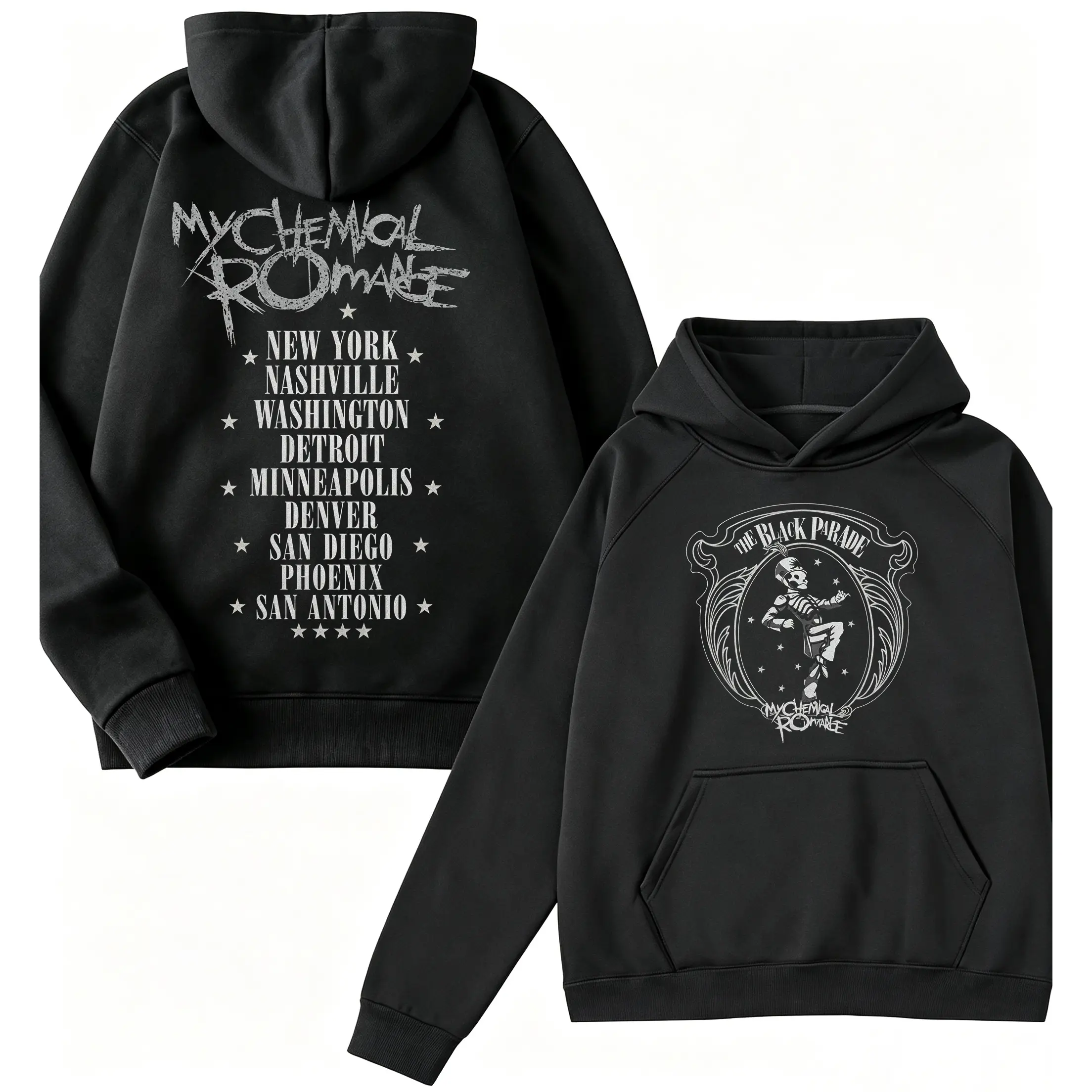 ? ? My Chemical Romance The Black Parade Tour  Skeleton Schedule Retro Unisex Graphic Hoodie –Long Live The Black Parade World Tour Hoodie, Classic Emo Rock Hoodie, Emo Metal Rock Band Hoodie, Gift for Rock Fans