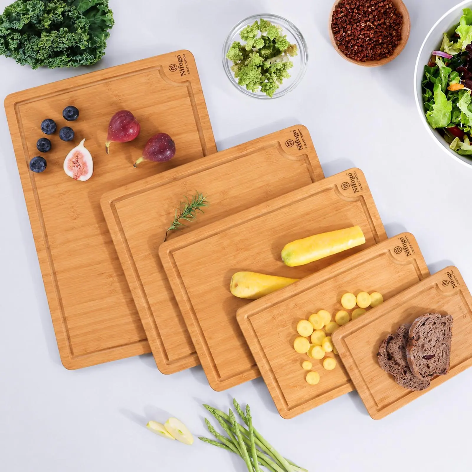 5-Pack Organic Bamboo Cutting Board Set for Kitchen - Over-Sink Solid Thick Bamboo Boards with Juice Grooves, Durable for Vegetables, Steaks, Carving, Serves as Serving Tray (Extra Large & Small Sizes)