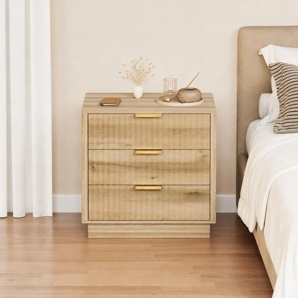 Wood Nightstand, Modern Bedside Table with 3 Drawers, Side Table with Storage, Metal Handle Small End Table,Versatile Use for Bedroom, Living Room, or Small Spaces