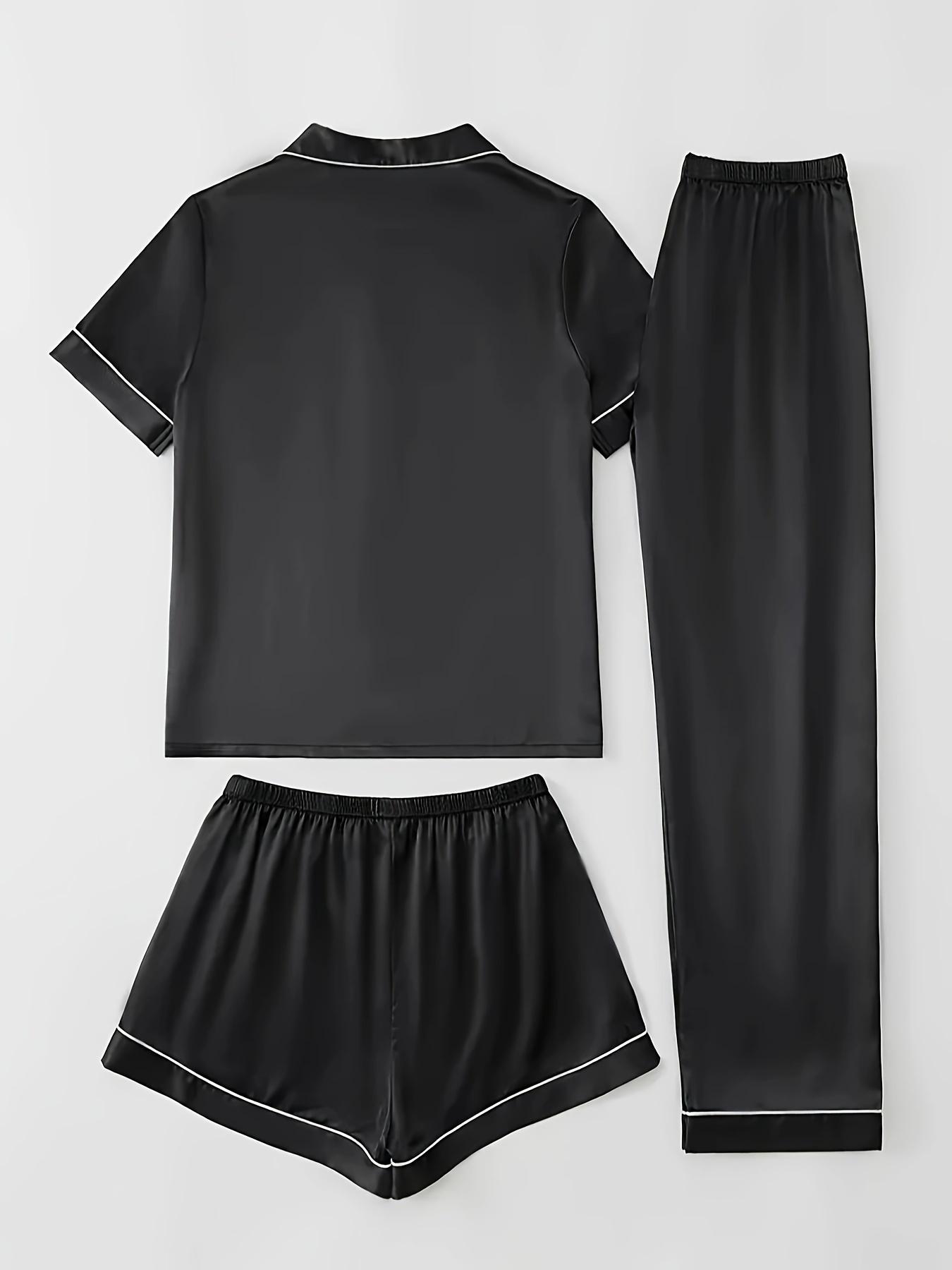 Women's Satin Pajama Set, 3-Piece Casual Solid Color Pajamas, Short Sleeve Lapel Shirt, Elastic Long Pants and Shorts, 95% Polyester and 5% Spandex, Woven Lapel, Button, 90g/m² - Sizes S-XL Loungewear Nightwear Womenswear Style Homewear Elegant Women's Satin Pajama Set, 3-Piece Casual Solid Color Pajamas, Short Sleeve Lapel Shirt, Elastic Long Pants and Shorts, 95% Polyester and 5% Spandex, Woven Lapel, Button, 90g/m² - Sizes S-XL Loungewear Nightwear Womenswear Style Homewear Elegant