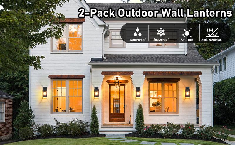 2-Pack Outdoor Wall Light Fixtures, Exterior Waterproof Lanterns, Porch Sconces Wall Mounted Lighting with E26 Sockets & Glass Shades, Modern Matte Black Wall Lamps for Patio Front Door Entryway
