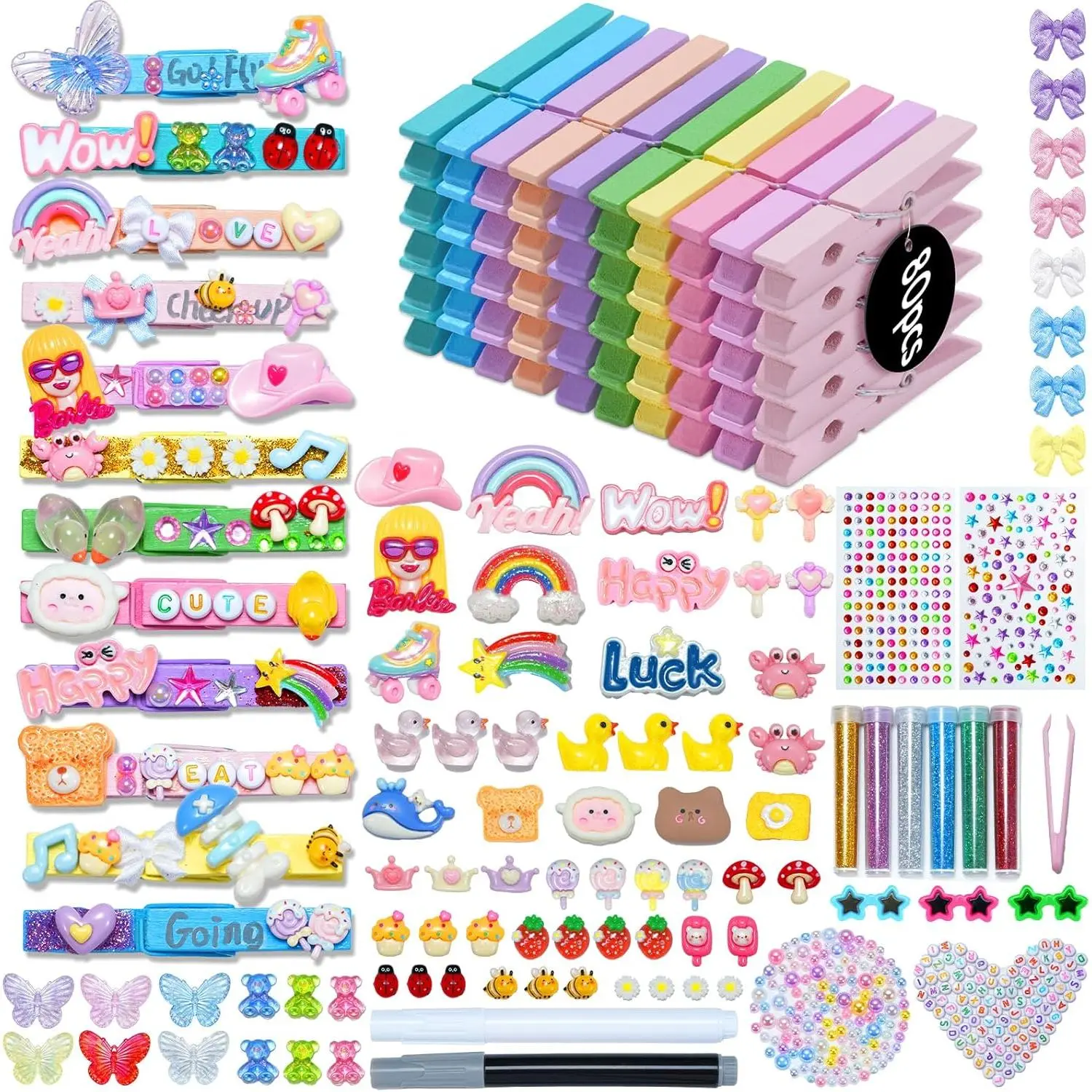 Sopito Cheer Pins, 80 Pcs Clothes Pins Wooden with Vibrant Mini Resin Charms Bows Stickers Beads Letters for Backpack Deco, Cheer Spirit Clips for Team, Cheerleaders