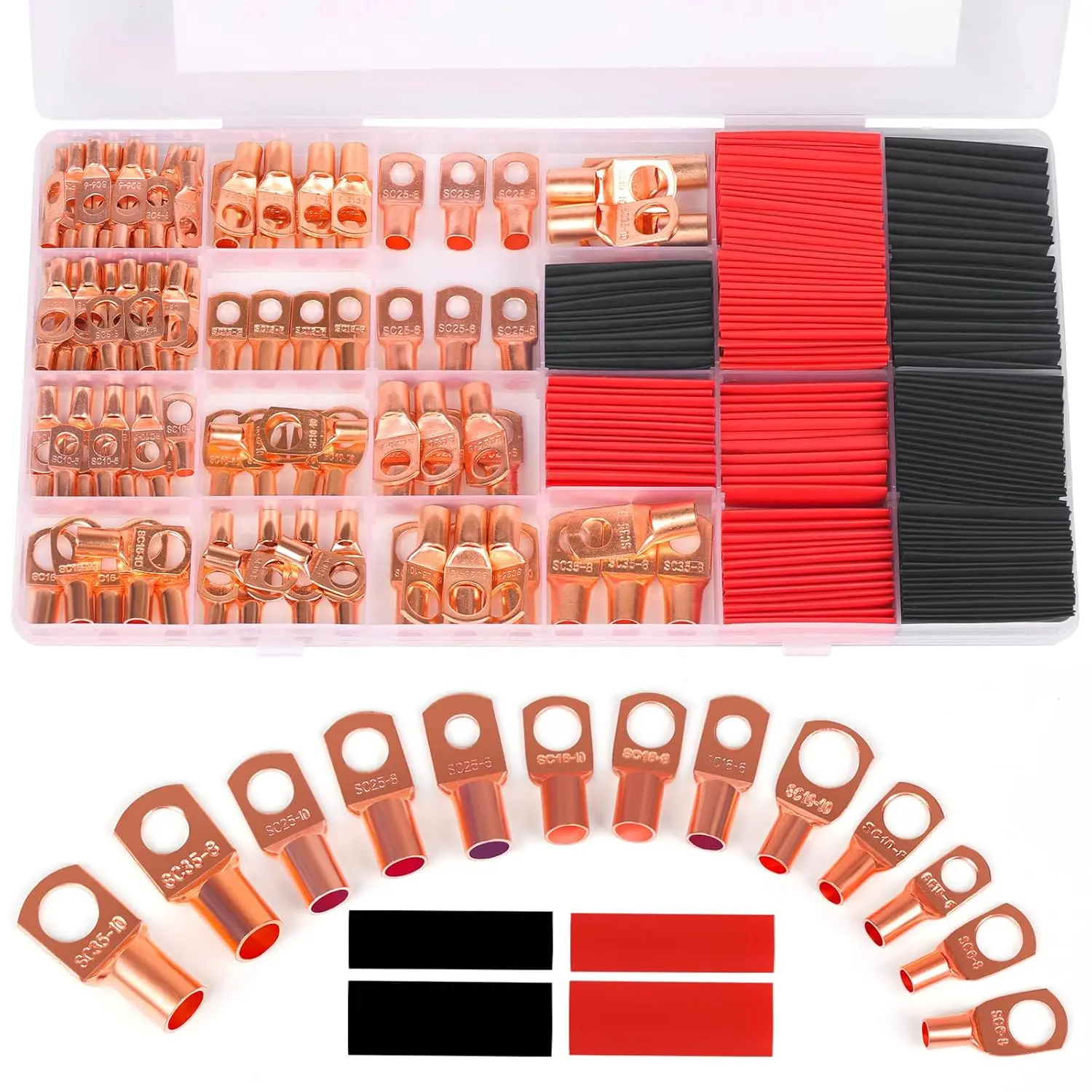 Copper Wire Lugs,Terminal Connectors,Used on AWG12 10 8 6 4 2 Cable,Heat Shrink Set,Bare Copper Eyelets,Ring Terminals Connectors,120Pcs Battery Cable Lugs Ends and 140Pcs Heat Shrink Tubing