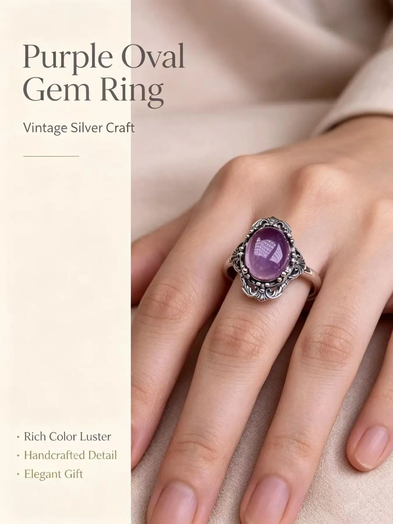 Amethyst Ring, Vintage Distressed Design, Nepali Style, Floral Edge, Unisex Jewelry, Perfect Gift for Holidays, Fashion Accessory