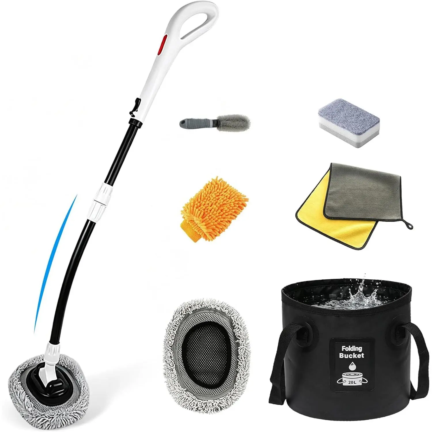 7-in-1  Wash Kit with 20L Collapsible Bucket & Brush –  Wash Mop with Long Handle, 15° Curved  Pole for SUV Roof,  Washing Brushes & Cleaning Supplies, RVs-White.