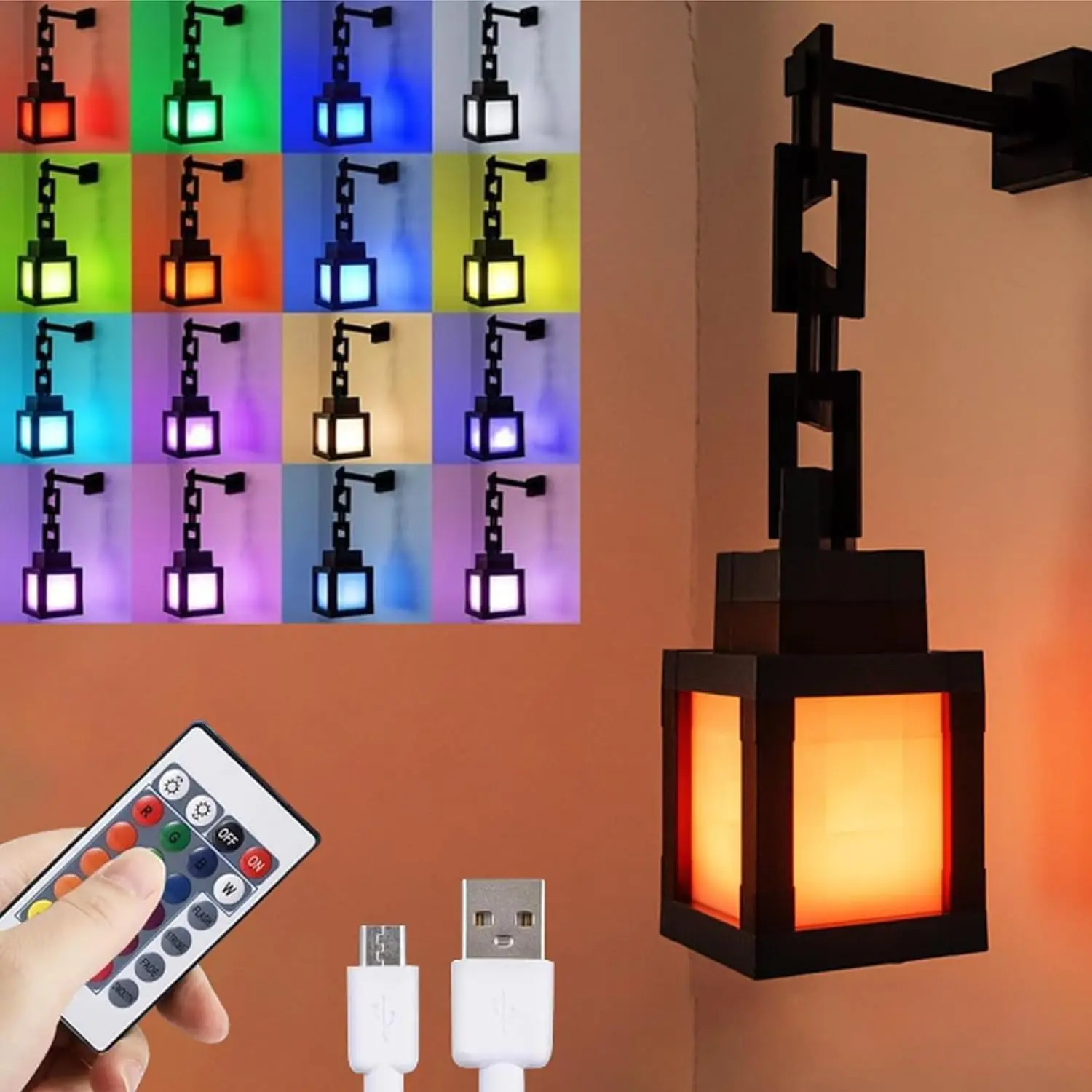 Pixelated Lantern Night Light for Kids, LED 16 Colors Change Hanging Lamp | Rechargeable, Soft, Free Hanging/Tabletop Nightlight Gamer Boys Girls Bedroom Game Room Dorm Home Wall Decor, Birthday Gift