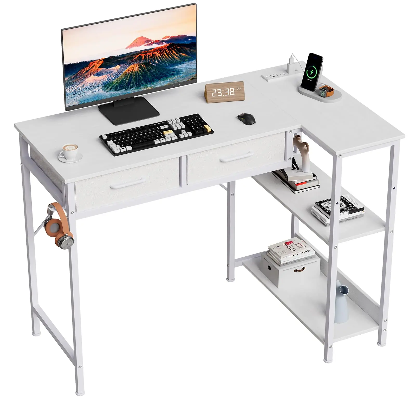 L Shaped Computer Table with Power Outlet – 40 Inch Gaming Desk with 3-Tier Storage Shelves, 2 Drawers, Headphone Hook – Space-Saving Home Office Corner Desk, White/Brown