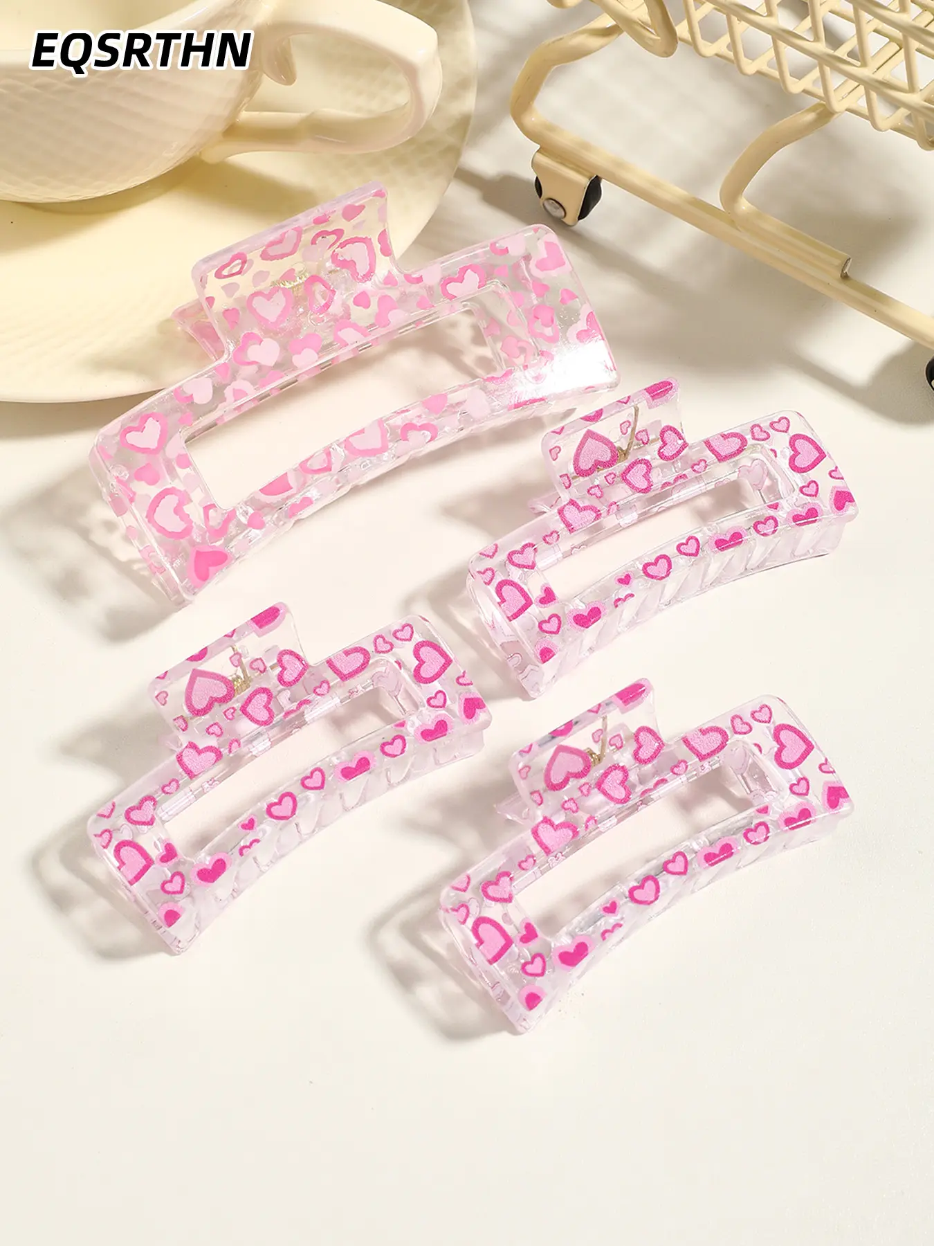 Pink Mist Heart Hair Clip Set, Cute Hair Clips, Large and Small Square Hollow Design, soft pink with glittering heart prints, large and small sizes suit different hair volumes, holds half-up hairstyles and buns