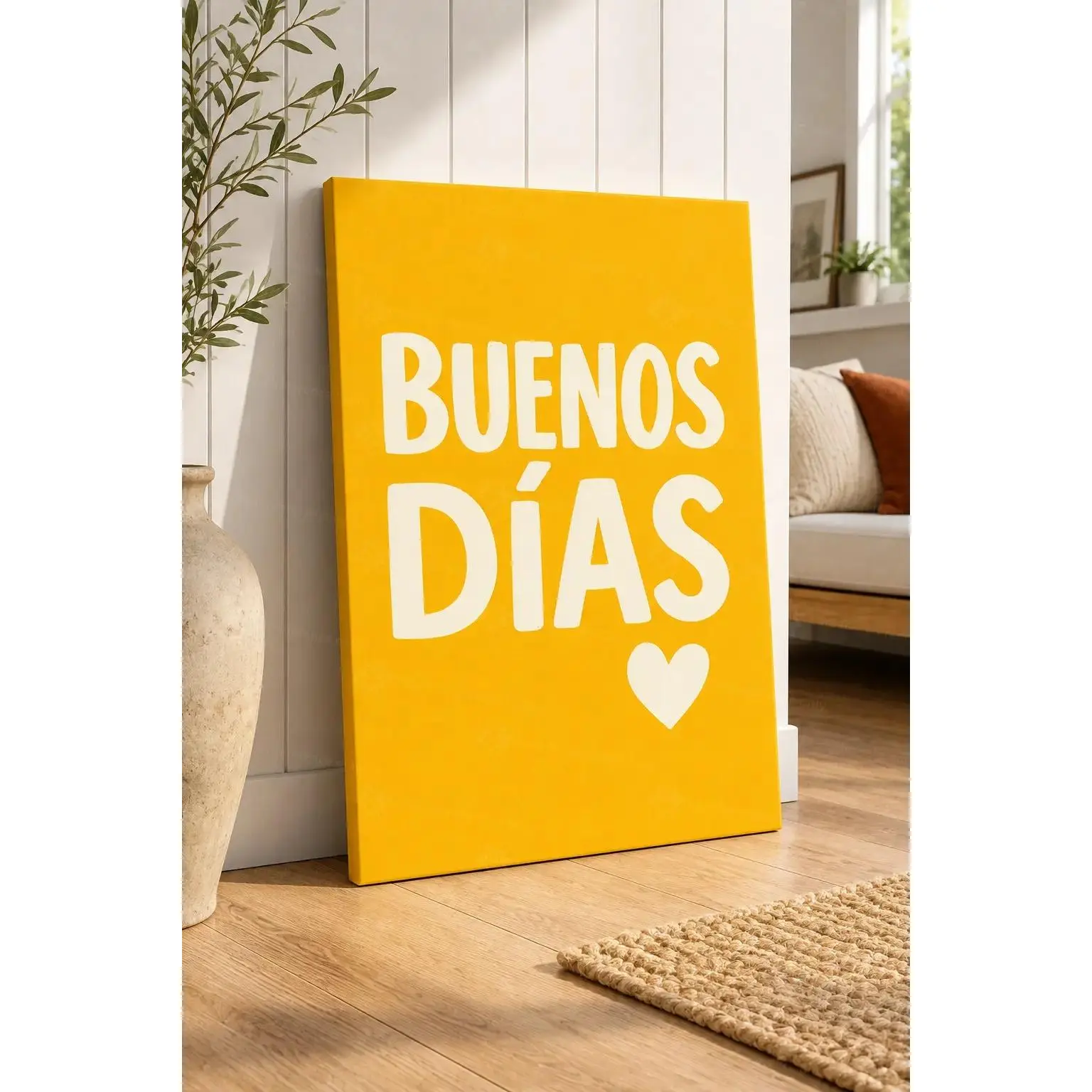 2D Flat, 2D Flat, 2D Flat 1pc  Bright Yellow Poster, Buenos Días Canvas Print Wall Paintings, Morning Greeting Poster, Heart Detail Artwork, Positive Message Paintings, Bold Typography Wall Decor, Art Prints, Wall Arts, Posters, Ideal Gift