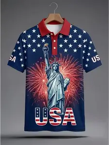 American Flag Statue of Liberty Couple Polo Shirt, Men Women Usa Patriotic Print, Casual Streetwear Sportswear, Independence Day
