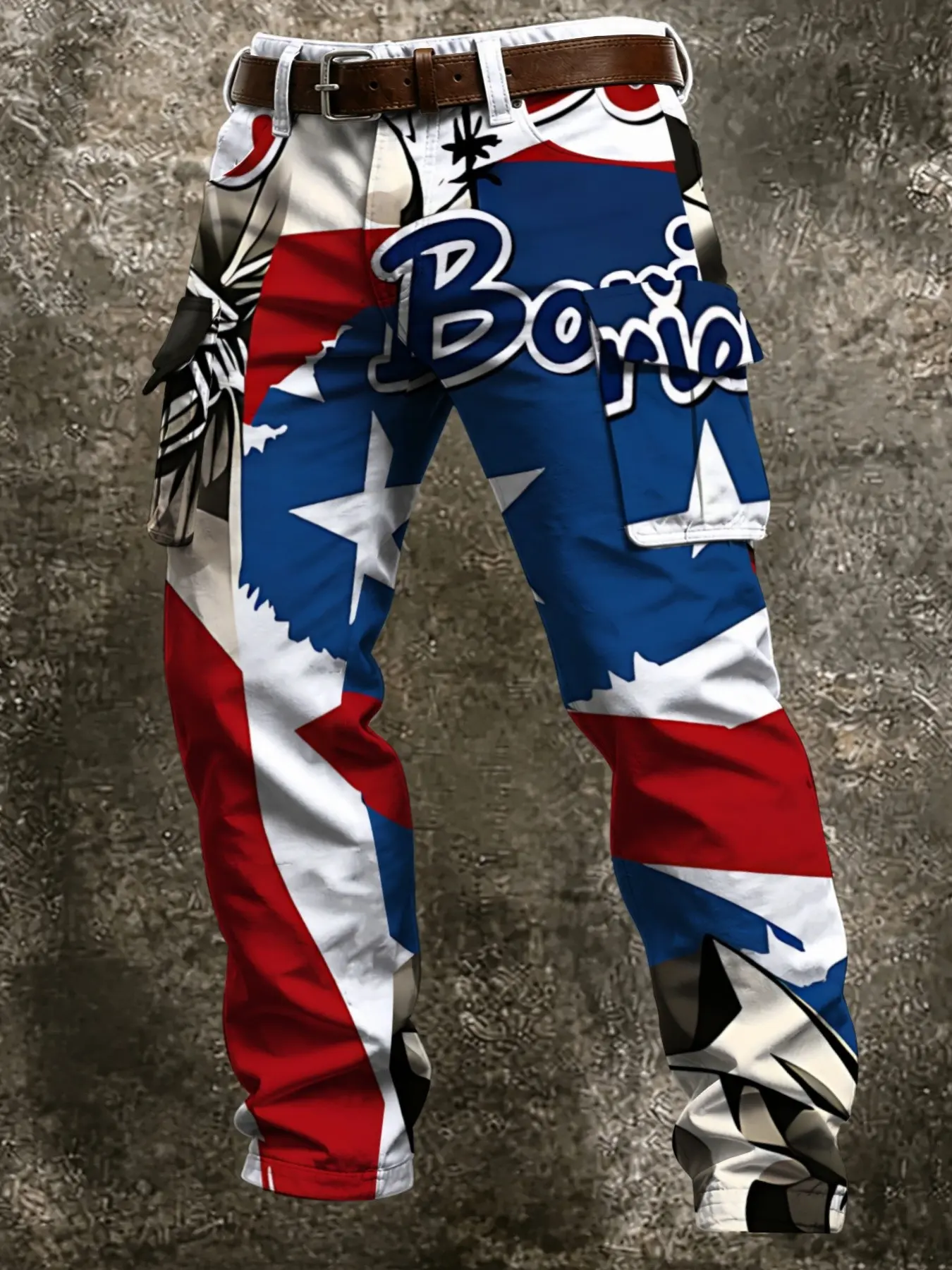 Men's American Flag Graffiti Print Cargo Pants, Patriotic Letter Pattern Multi-Pocket Casual Long Trousers, Streetwear Bottoms