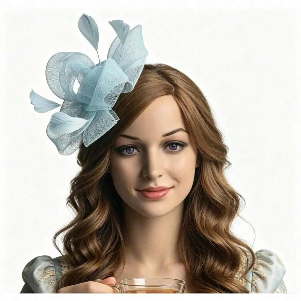 Women's Light Blue Plain Polyester Fascinator Hat - Elegant Mesh and Feather Accent Headpiece for Wedding, Derby Events