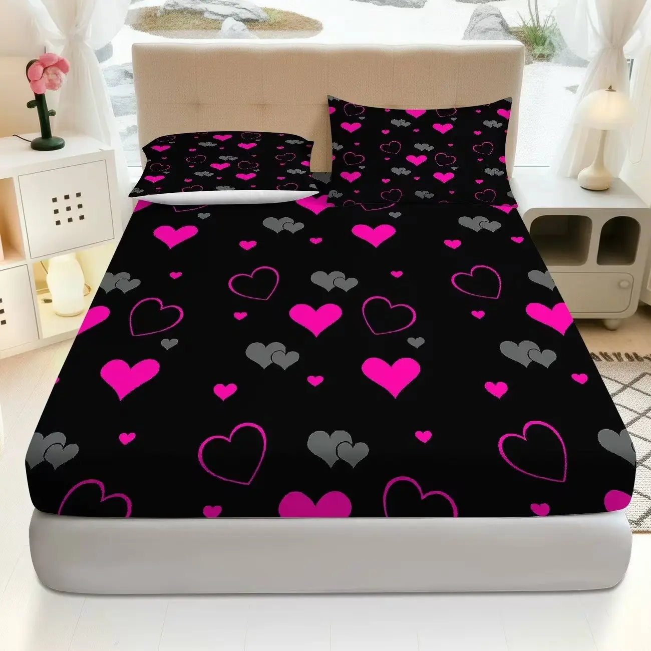 3-Piece Heart Bed Sheet Set, Valentine's Day Theme, Romantic Bedroom Decor, Mattress Protector, Soft and Breathable