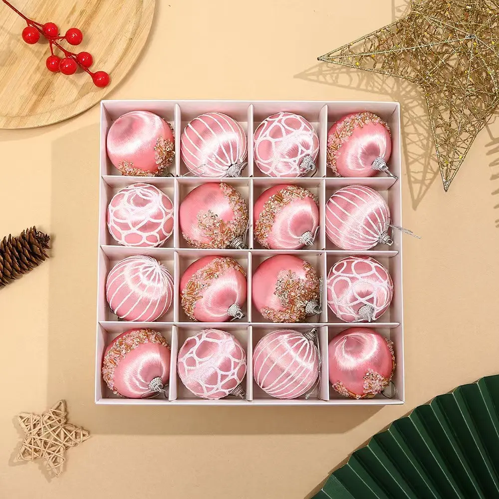 16Pcs Luxury Christmas Ball Ornaments Set, 2.36" Shatterproof Satin Thread Wrapped Xmas Tree Decorations, Handmade Sequin Bead Glitter Hanging Balls for Holiday Party & Winter Home Decor