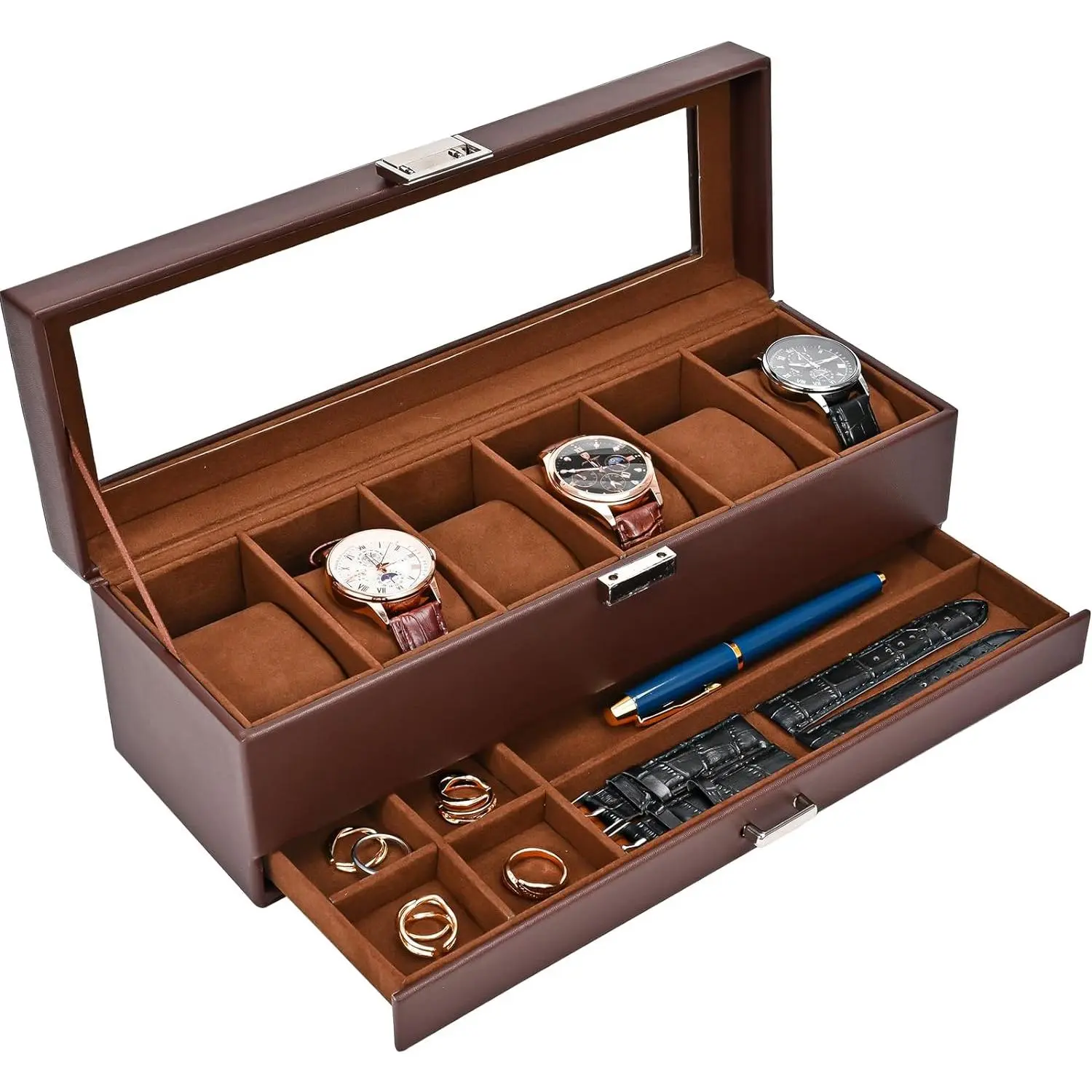 Watch Box, Fathers Day Gift for Dad, 6 Slot Watches Display Case with Drawer, Mens Watch Case with Glass Lid, 2-Layer Mens Jewelry Organizer Storage Holder -6 Slot, Espresso