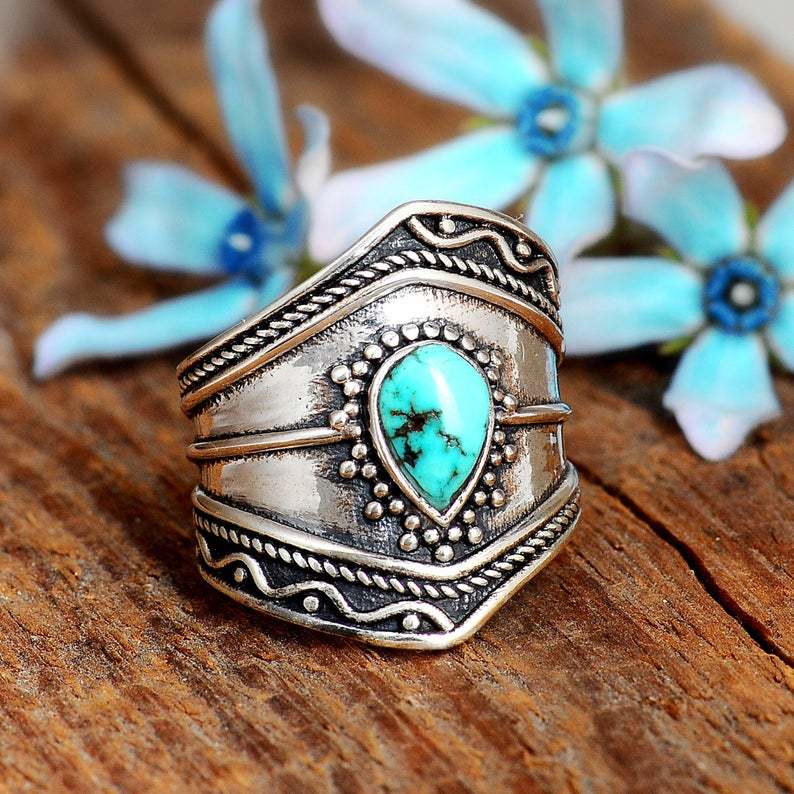 Vintage Boho Turquoise Ring • Irregular Waterdrop Statement Ring