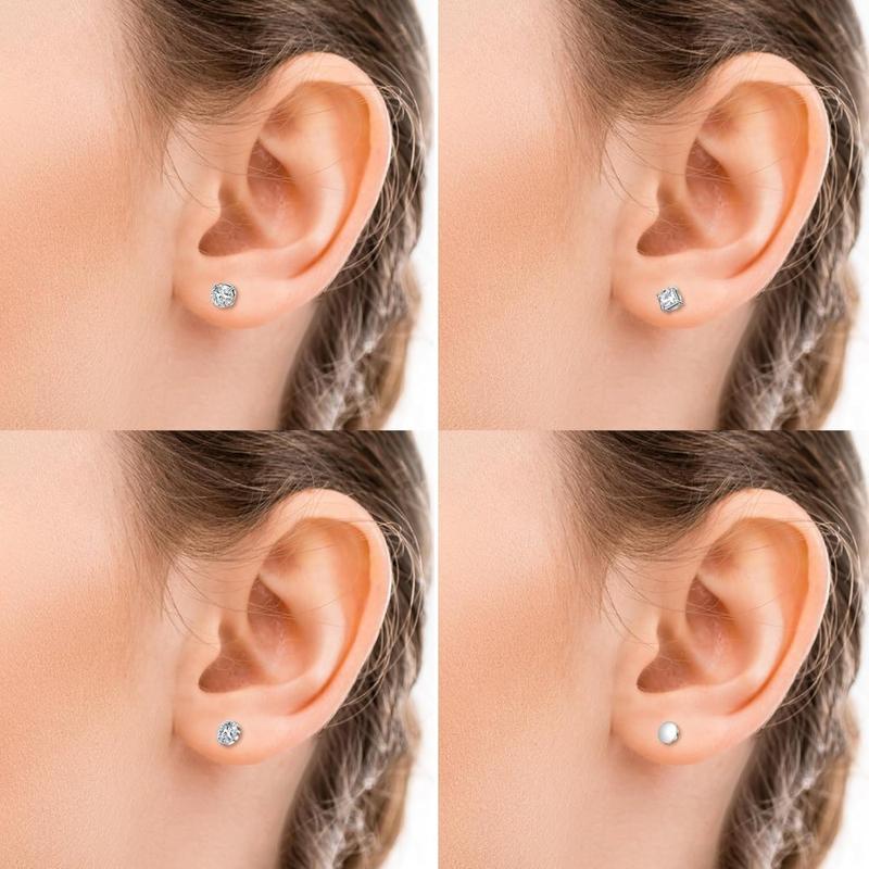 4 Pairs Stud Earrings Fake Cubic Zirconia Diamond Earrings for Women Men Silver