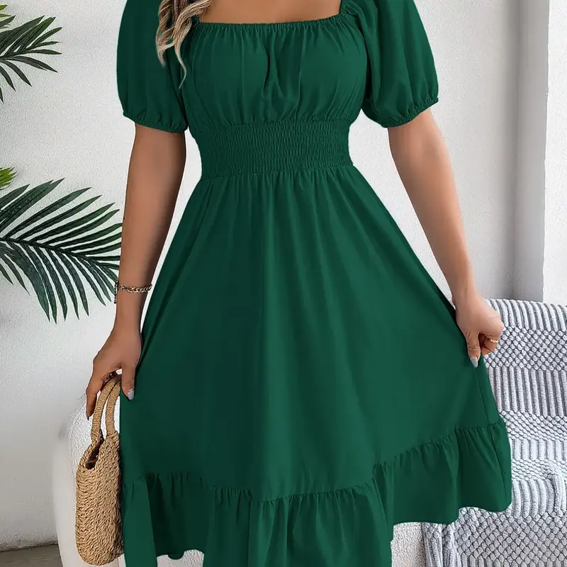 Women's Casual Fitted Plain Ruffle Hem Shirred Puff Sleeve A-Line Dress, Elegant Aesthetic Feminine Short Sleeve Square Neck Knee-Length Dress for Summer, Ladies French Style Dress for Beach Holiday, Casual Wear