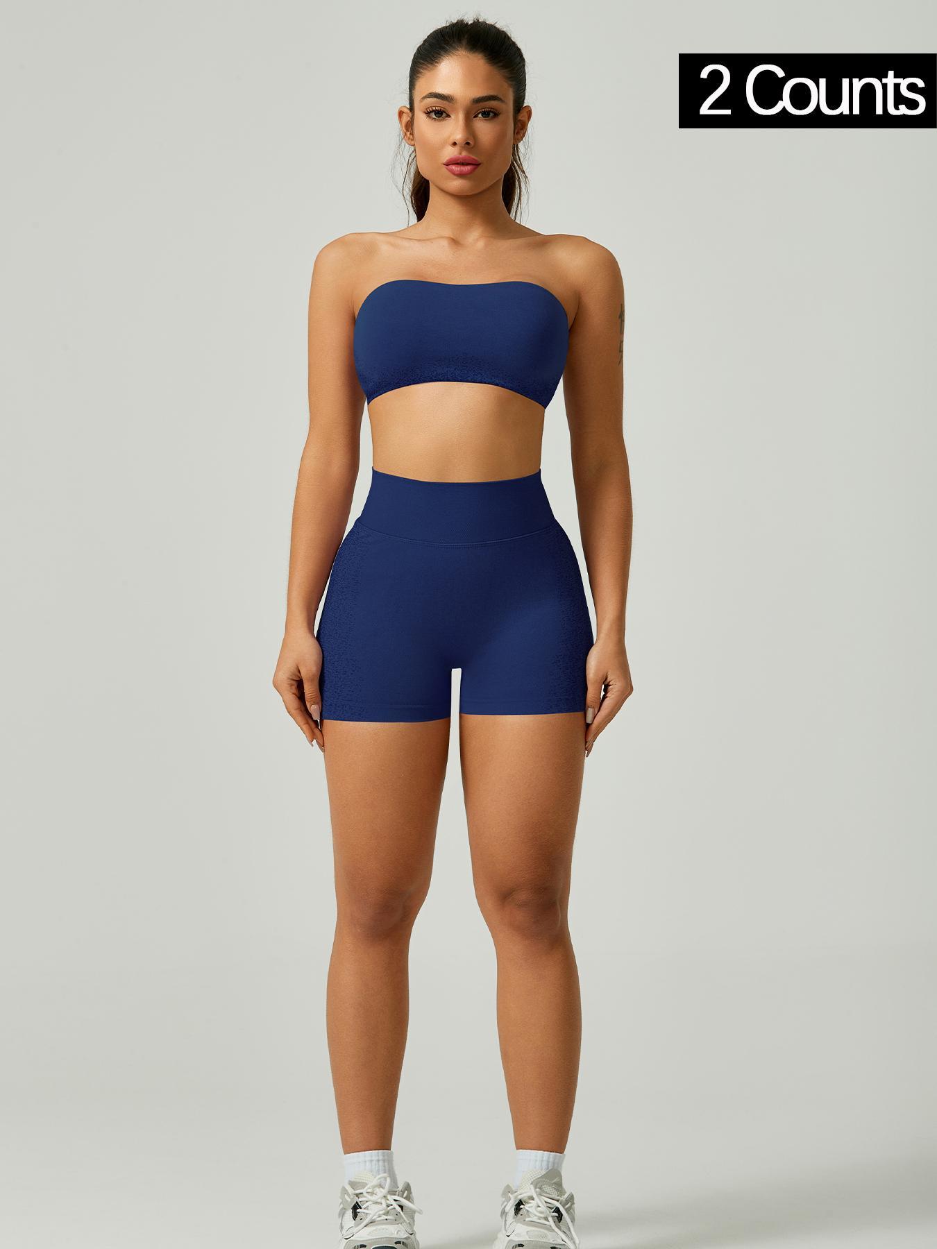 Women's Solid Cross Back Bandeau Top & High Waist Shorts Sports Set, Sporty Casual Breathable Comfortable Two-piece Outfits for Yoga Gym Workout Running, Ladies Spring Sportswear, Workout Running Clothes, Gym Sets