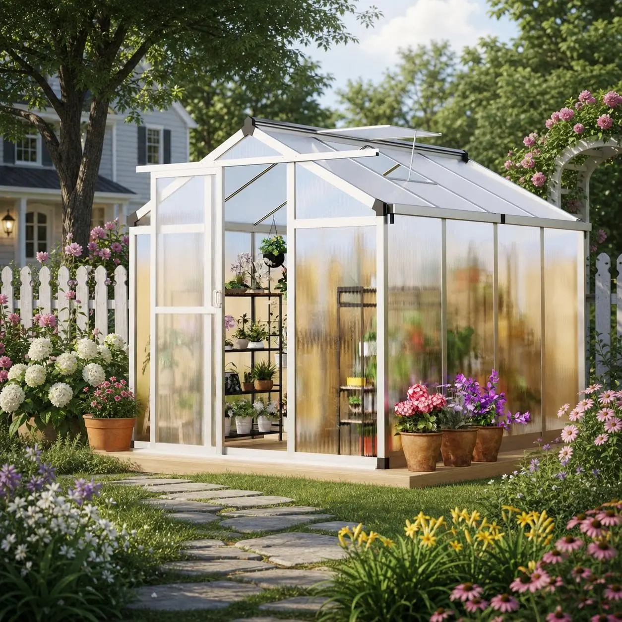 GARVEE 6x8 ft Heavy Duty Walk-In Garden Greenhouse Kit, Outdoor Polycarbonate Greenhouse with Aluminum Frame, Roof Vent, Ground Nails, Lockable Push Door, for Garden Backyard (White), Outdoor Polycarbonate Greenhouses