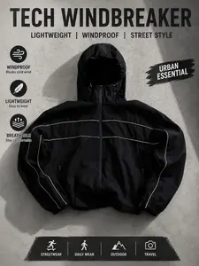 Men's Reflective Hooded Windproof Sporty Jacket, Lightweight Breathable Outdoor Sports Coat, Street Running Hiking Parka, Running Jackets