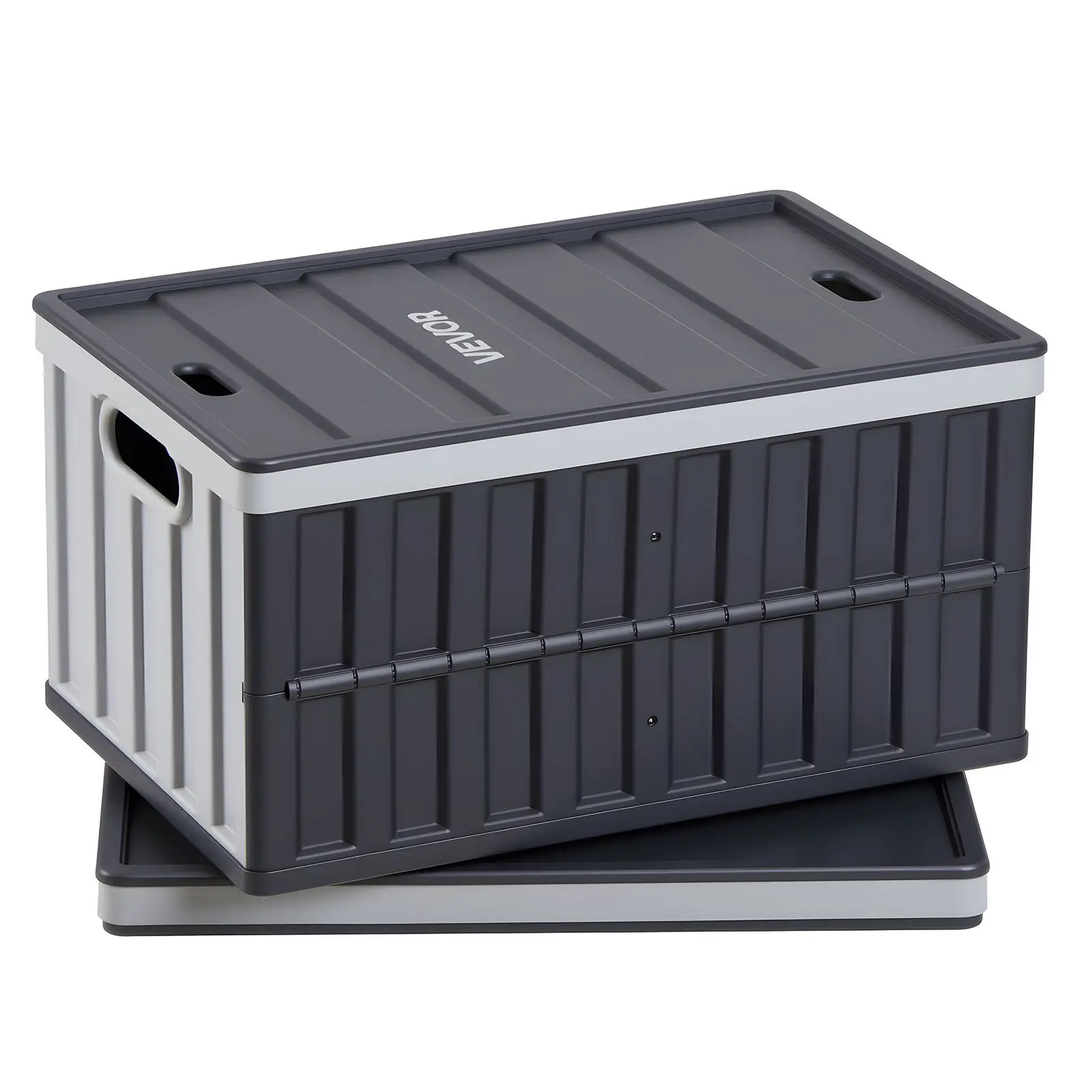 VEVOR Plastic Collapsible Storage Bins with Lids, 65L 2 Packs, Stackable Folding Storage Crates with Handles, Holds 84 lbs Per Bin, Heavy Duty Containers, Space-Saving Baskets, for Home Organizing