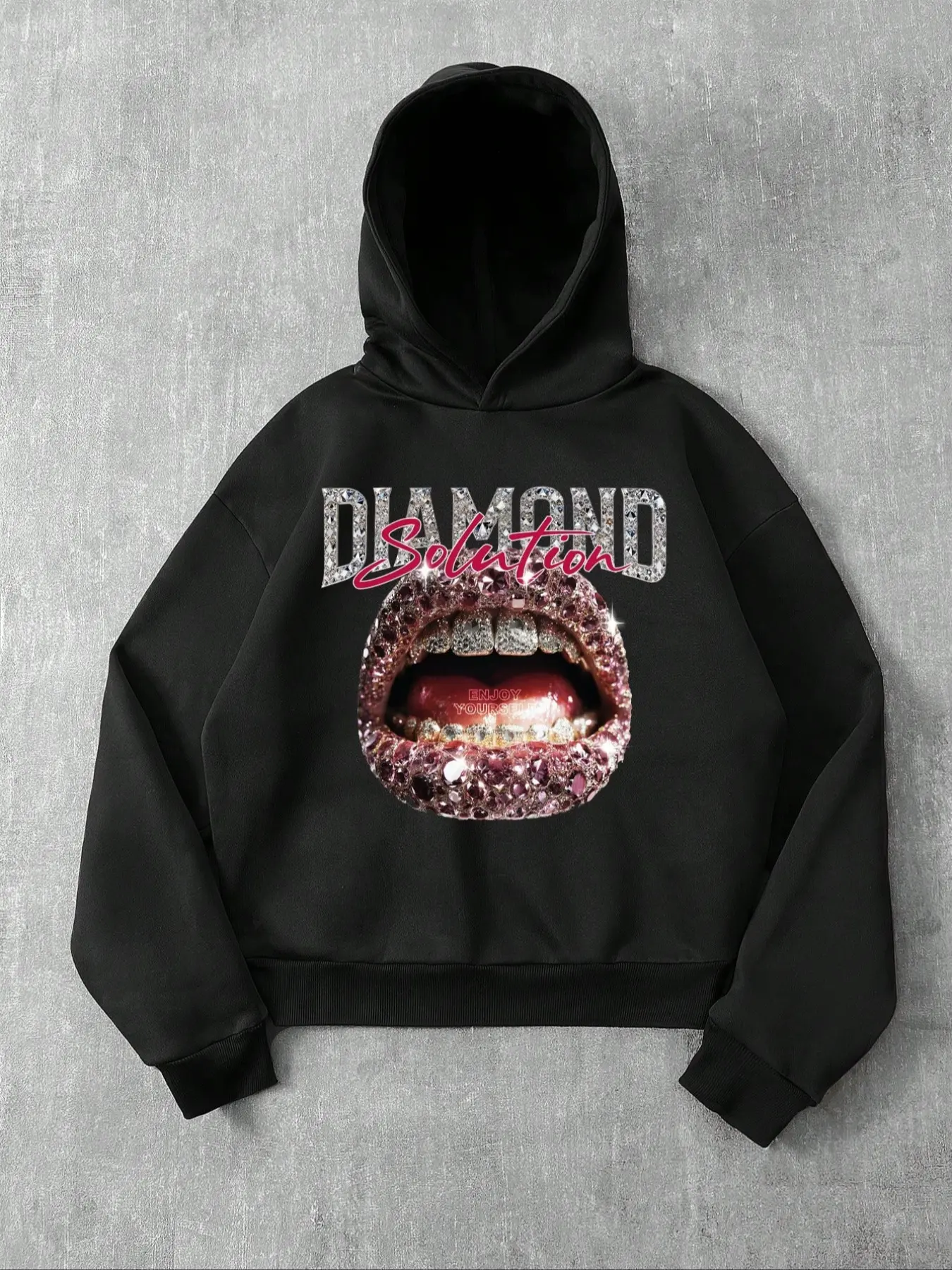 Unisex High Street Luxury Diamond Lip Print Hoodie, Bottom Sparkle Slogan Casual Loose Pullover, Streetwear Y2K Gothic Style