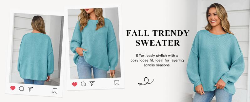 Saodimallsu Womens Oversized Sweater Chunky Crew Neck Long Lantern Sleeve Knit Fall Trendy Tunic Sweaters Top Beige Knitwear