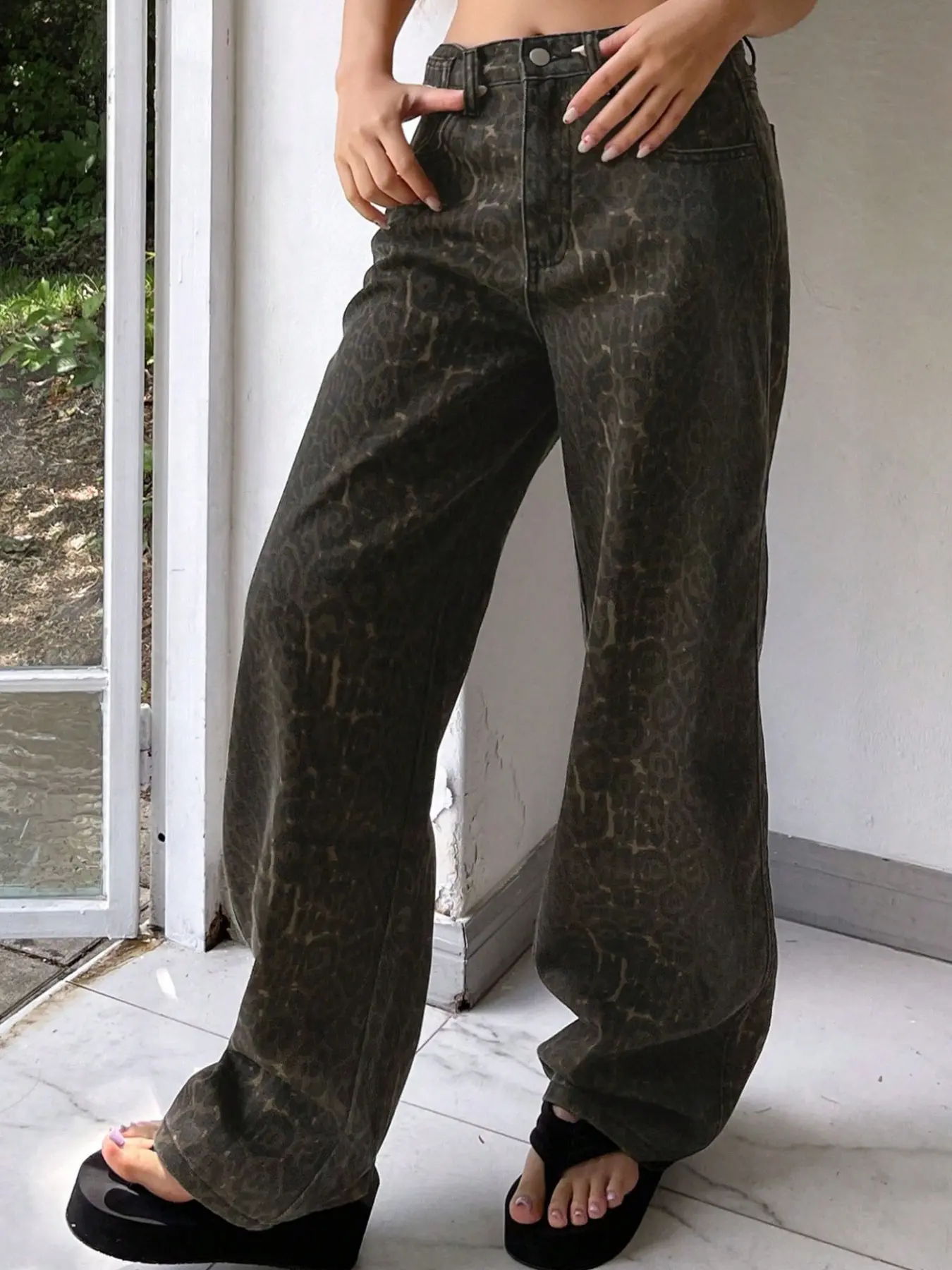 Women's Leopard Print Baggy Jeans, 100% Cotton, Low-Waist Zipper Fly, Streetcool Y2K Fashion, Casual All-Season Wear, Urban Cool Style