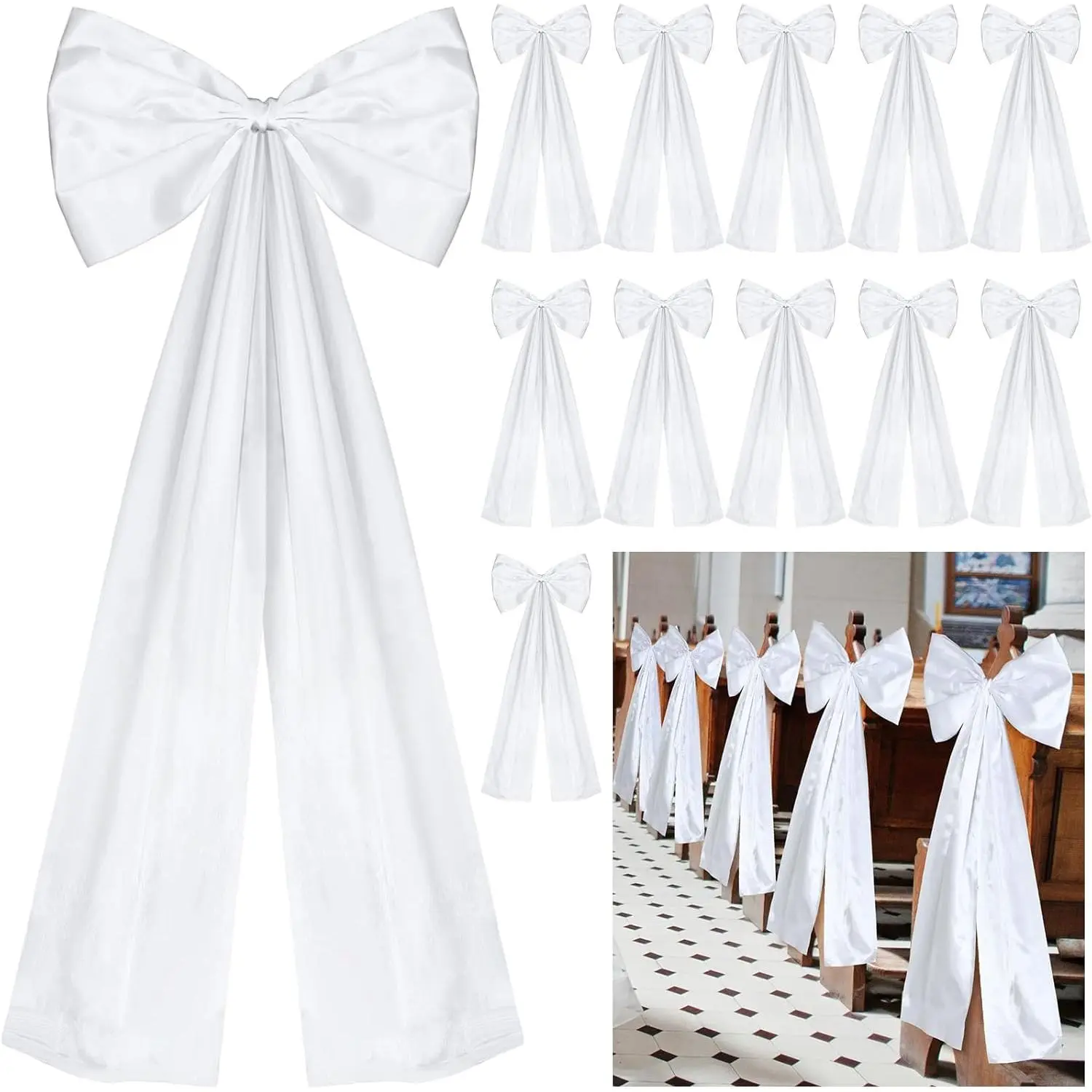 Large Wedding Pew Bows with Long Tails 12 x 29.5 Inch Wedding Aisle Decorations Satin Ribbon Bows for Bridal Shower Reception Ceremony Background Decor (White, 24 Pcs)