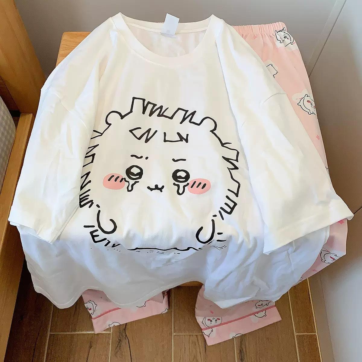 Anime Usag Hachiware Summer thin pajamas round neck Loose long-sleeved shirt and pants Cute cartoon pattern household clothes