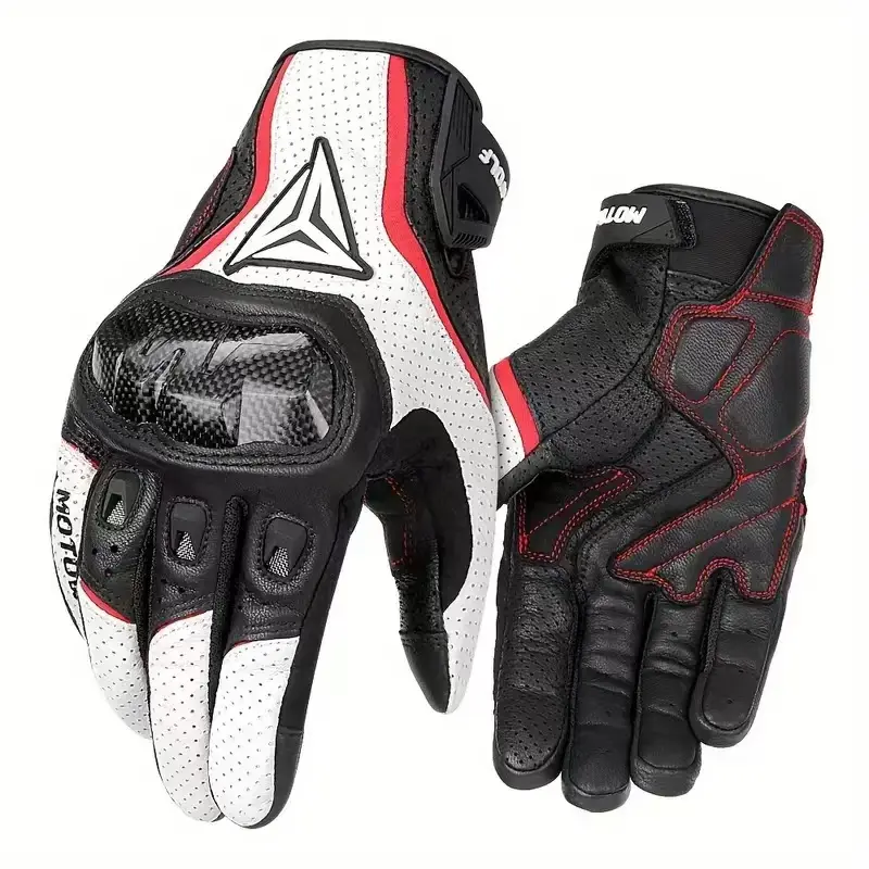 Men's Adjustable Motorcycle Gloves, Breathable Summer Leather Full Finger Cycling Gloves, Comfortable Riding Accessories, Protective Gear