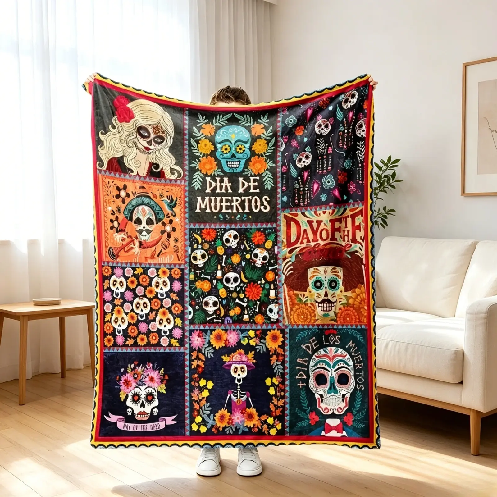 Vintage Mexican Day of the Dead Sugar Skull Art Flannel Blanket for Kids & Adults, Cultural Patchwork Print Plush Throw Blanket, Ultra Soft Warm Fleece Blanket, Lightweight Air Conditioner Blanket for Bed Couch Sofa, Bedroom Living Room Dorm Decor, Travel