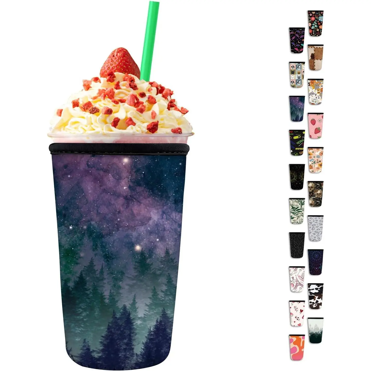 Neoprene Insulator Sleeve for Iced Coffee Cups, Medium 22-28oz Durable Drink Sleeve for Cold Beverages, Cute Beverage Holder Cup Sleeve for Women Men Cute Galaxy Space Forest