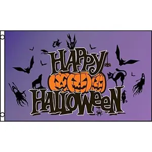 Happy Halloween Flag - Purple Banner with Pumpkins, Bats, Ghosts & Black Cat, 2*3ft & 3*5ft, for Yard, Party & Outdoor Decor