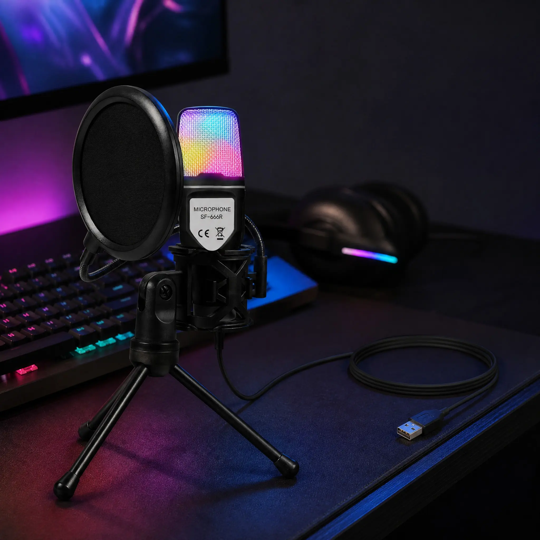 Podcast Microphone for Streaming and Recording, USB Desktop Mic with Stand and Pop Filter for Content Creation